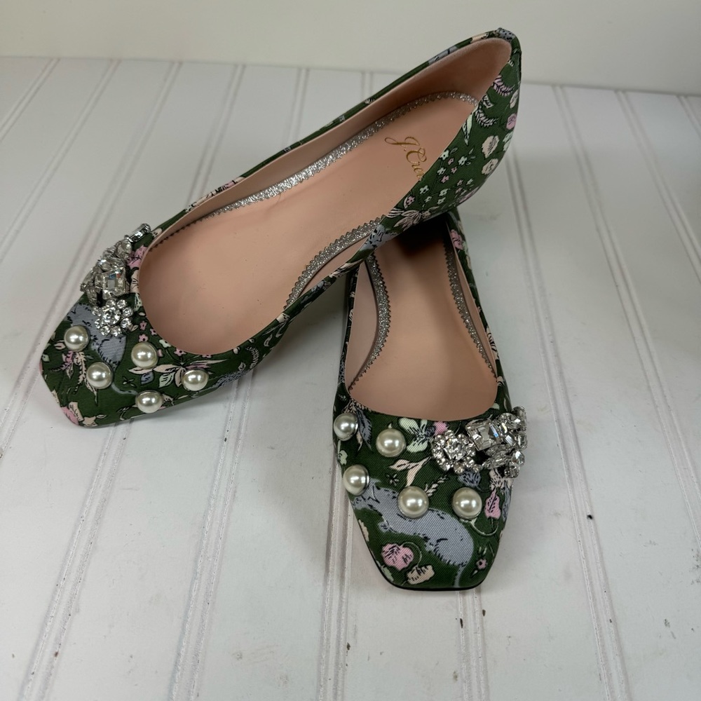 J. Crew Ivy SHALE GREEN Floral embellished ballet flats